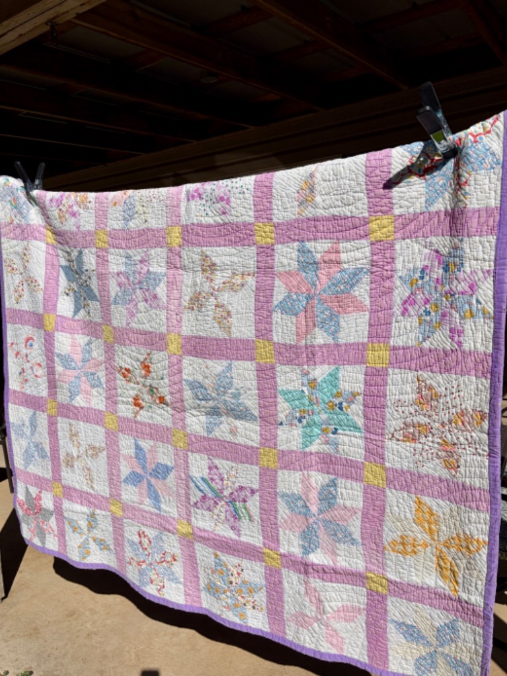 Vintage Hand Quilted Pinwheel Patchwork Quilt 57.5" x 70" – Pastel Cottagecore - Picture 3 of 17